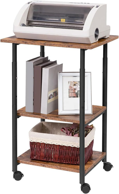 HOOBRO Printer Stand, 3-Tier Industrial Under Desk Printer Cart with Shelf, Mobile Heavy Duty Storage Rack on Wheels for Home, Office Rustic Brown and Black BF03PS01G1