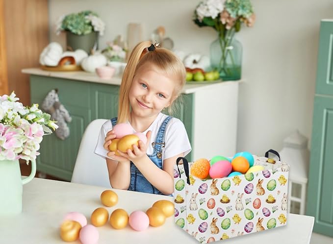 Sanjiaofeng Rectangular Easter Basket Eggs Storage Bins,Cute Storage Basket with Handles.Clothers,Books,Kid's Gifts Bins. (Color eggs)