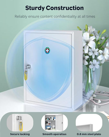 Uniclife Wall Mount Medicine Cabinet with Key Lock, Locking First Aid Cabinet, Lockable Medical Cabinet, Large Capacity Medicine Organizer, Secure Steel Wall Cabinet Metal Storage Box, White