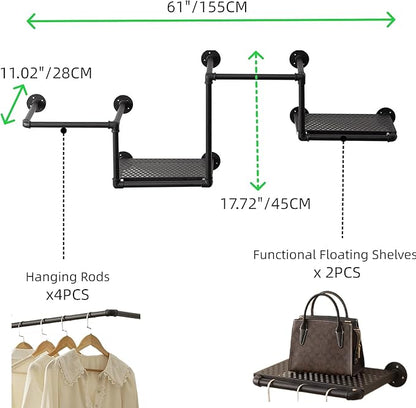 Industrial Pipe Clothing Rack with 2 Floating Shelves, 4 Hanging Rods Wall Mounted Garment Rack, Heavy Duty Iron Clothes Bar, Space-Saving Clothing Hanging Rails for Closet (4 hanging rods 2 shelves)