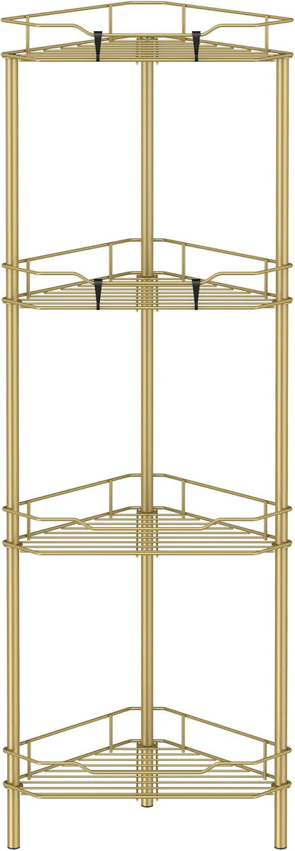 4 Tier Floor Standing Corner Shower Caddy Organizer Shelf with Hooks, Bathroom Shelves Stand Rack, Gold