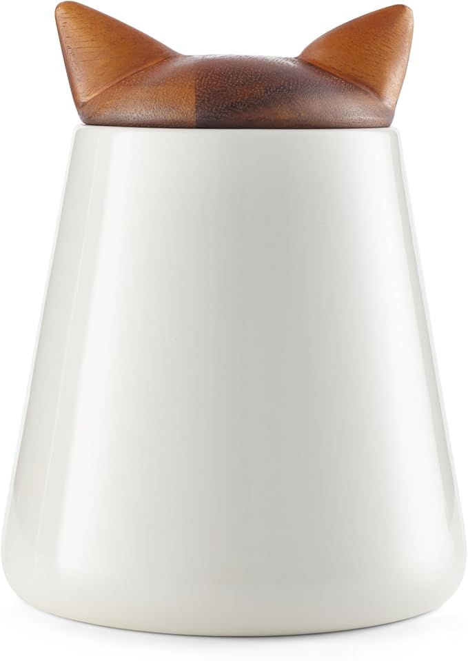 Nambé Cat Treat Jar - 5.5” x 7”, Decorative Feline Storage Container with Acacia Wood Lid & Porcelain Base - Airtight Countertop Jar for Pet Treats, Snacks & Kitchen Décor