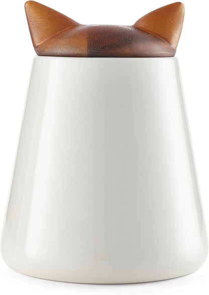 Nambé Cat Treat Jar - 5.5” x 7”, Decorative Feline Storage Container with Acacia Wood Lid & Porcelain Base - Airtight Countertop Jar for Pet Treats, Snacks & Kitchen Décor