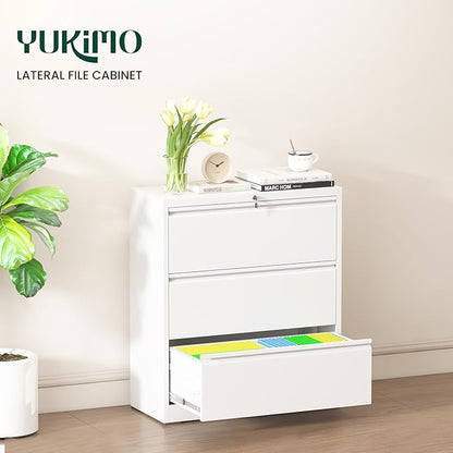 Lateral File Cabinet with Lock, 3 Drawer Metal File Cabinets for Home Office, Large Filing Storage Cabinet Printer Stand, Steel Wide File Cabinet for Legal/A4/F4/Letter Size Files, White