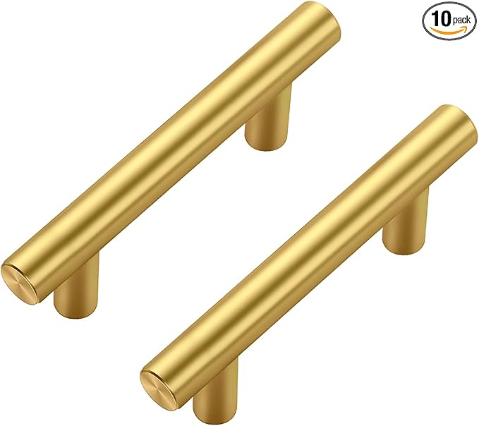 JOY DECOR 10 Pack Cabinet Handles, Gold Cabinet Pulls, 2-1/2 in Hole Center Kitchen Cabinet Handles, Stainless Steel T Bar Handles for Dresser Drawers