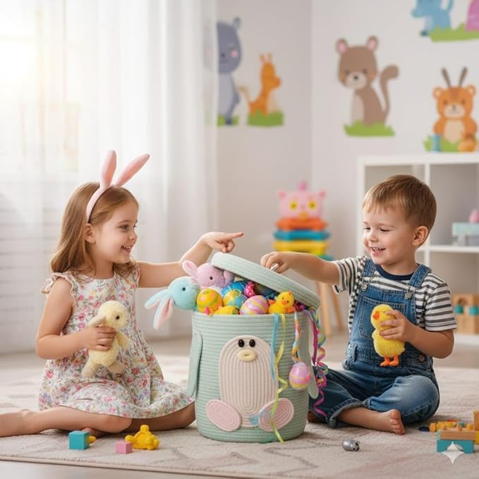 Kids Laundry Hamper with lid & Toy Storage Organizer | Large Penguin Woven Cotton Rope Bin for Stuffed Plushies | Cute Animal Design Basket with Cutout Handles for Nursery, Playroom & more (Penguin)