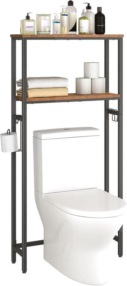 HOOBRO Over The Toilet Storage, 2-Tier Bathroom Organizer Over Toilet, Freestanding Bathroom Storage Shelves with Toilet Paper Holder and Hooks, Space Saver for Room, Rustic Brown and Black BF49TS01