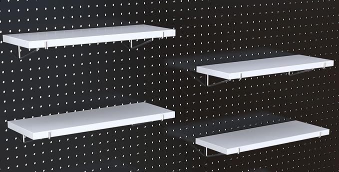 KINOMI Heavy Duty Pegboard Shelves, Value Set of 8 Pack Pegboard Shelf Brackets Hooks and 4 Pack Peg Board Shelves for Garage, Home, Garden, Tool Shed (White)