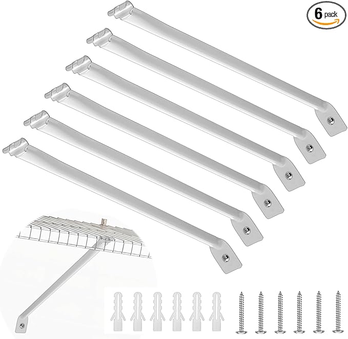 6 PCS Wire Shelf Brackets 17in White Shelf Support Bracket for Wire Shelving Metal Closet Support Bracket with Anchors, Screws Closet Wires Shelving Accessories for Supporting Shelves Racks