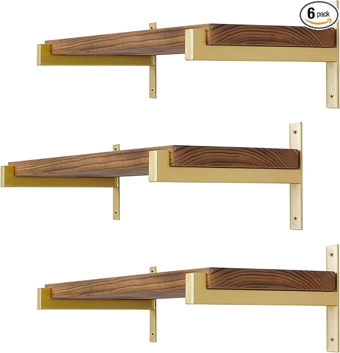 6 Pcs Heavy Duty Shelf Brackets 6 Inch Wall Mounted Industrial Metal Shelving Supports with Lip Gold