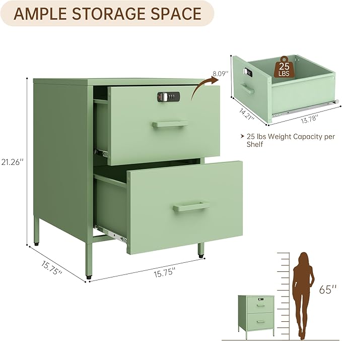 2 Drawer End Side Table with Lock Metal Nightstand, Lockable Storage Cabinet Kids Cabinet for Living Room, Bedroom, Dorm, 21.26”H X 15.75”W X 15.75”D (2 Drawer, Green)