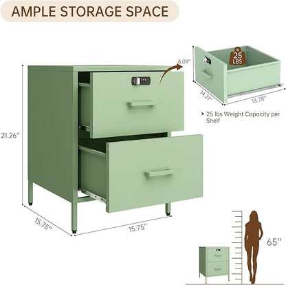 2 Drawer End Side Table with Lock Metal Nightstand, Lockable Storage Cabinet Kids Cabinet for Living Room, Bedroom, Dorm, 21.26”H X 15.75”W X 15.75”D (2 Drawer, Green)