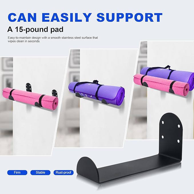 Stainless Steel Yoga Mat Holder Wall Mount 2-Pack – Space Saving Storage Rack for Exercise Mats, Foam Rollers, Resistance Bands – Home Gym Organizer