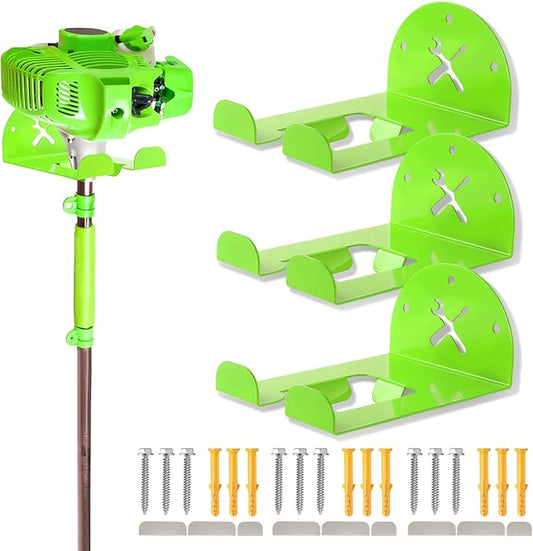 Upgraded Trimmer Rack Wall Mount - 8" Heavy Duty Weed Eater Hanger for Garage Wall, Garden Power Tool Holder Organizer Hooks for Grass Trimmer, Hedge Trimmer, Leaf Blower and Chainsaw, Green, 3 Pack