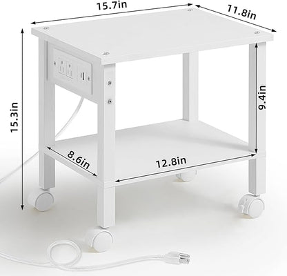 2 Tier Under Desk Printer Stand with Storage, Small Printer Table with Charging Station, Rolling Printer Cart Shelf with Lockable Wheels for Home, Office (White)