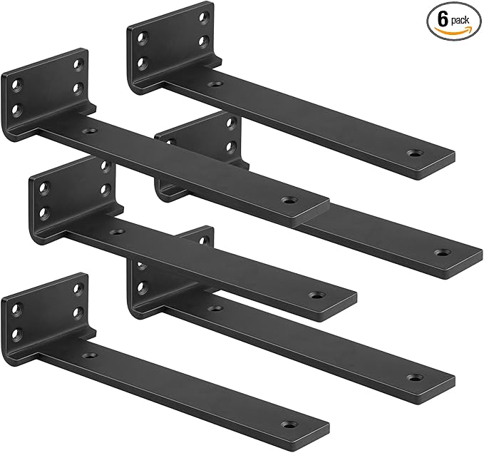 Floating Shelf Brackets 6 inch 6 Pack L Brackets for Shelves Black Metal Heavy Duty Shelf Bracket for DIY Decorative with Mounting Hardware