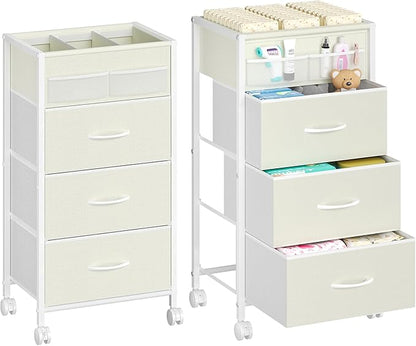 4-Tier Baby Diaper Caddy Organizer Cart with 3 Storage Drawers, Rolling Cart with Dividers & Side Pockets for Nursery, Baby Essentials, Toys, Wipes & Creams, Portable Baby Storage Cart & Station