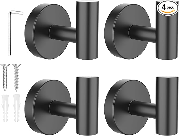 SetSail Towel Hooks for Bathrooms 4 Packs Screw-in Matte Black Bathroom Towel Hook Wall Mounted Stainless Steel Shower Towel Hooks for Coat Hanging, Drill Hole