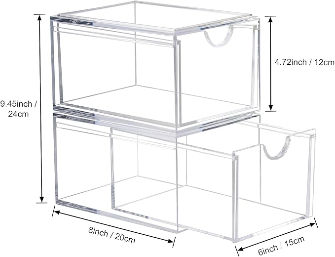 2 Pack Clear Stackable Storage Drawer, Bathroom Makeup Organizer, Plastic Storage Bins, Acrylic Organization and Storage for Vanity, Kitchen Cabinets, Pantry, Undersink