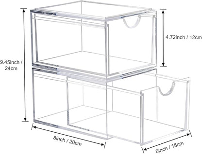 2 Pack Clear Stackable Storage Drawer, Bathroom Makeup Organizer, Plastic Storage Bins, Acrylic Organization and Storage for Vanity, Kitchen Cabinets, Pantry, Undersink