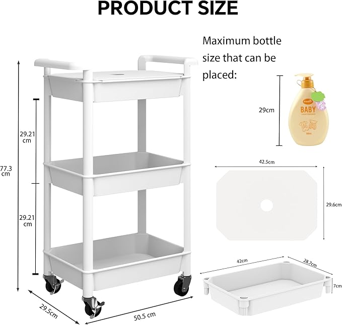 3-Tier Utility Rolling Cart with Cover Top Board, Mobile Utility Cart with Lockable Casters Multi-Functional Storage Trolley for Office, Bathroom, Kitchen, Garden, Laundry Room (White)