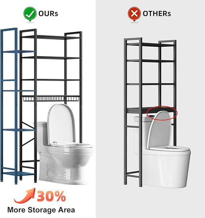 8-Tier Over The Toilet Storage with Side Rack, Over Toilet Storage Rack with Adjustable Shelf & Drain Basket, Freestanding Bathroom Organizer for Balcony, Laundry (Pure Black)