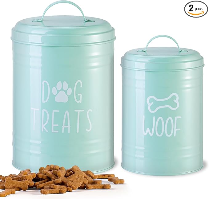 Dog Treat Container Airtight, Dog Treat Jar Set of 2 with Lid - 9x5.5''&7x4'' Metal Dog Cookie Jar for Farmhouse Kitchen Counter, Green Pet Treat Container, Dog Treat Storage Container for Dogs, Cats