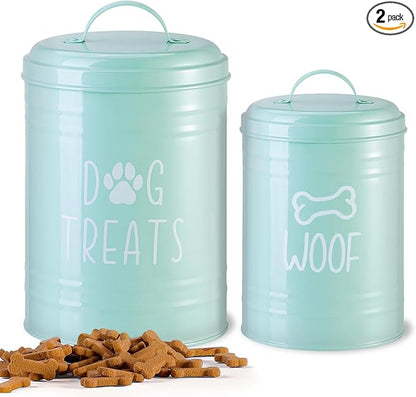 Dog Treat Container Airtight, Dog Treat Jar Set of 2 with Lid - 9x5.5''&7x4'' Metal Dog Cookie Jar for Farmhouse Kitchen Counter, Green Pet Treat Container, Dog Treat Storage Container for Dogs, Cats