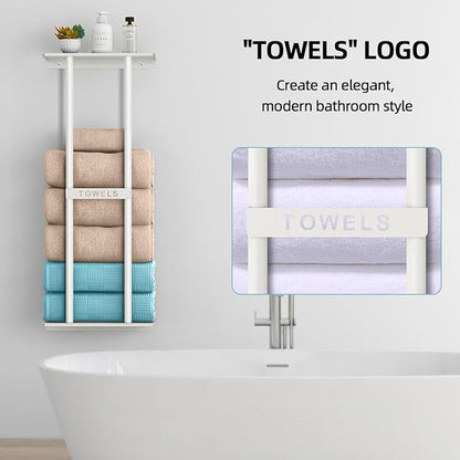 Wall Towel Rack for Rolled Towels, Towel Storage for Small Bathroom Can Holds 6 Large Towels, 30 inch Towel Racks with Shelf, White