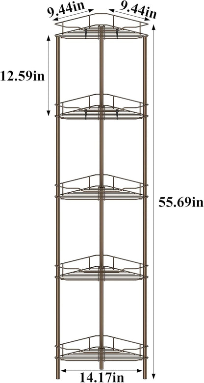 5 Tier Floor Standing Corner Shower Caddy Organizer Shelf with Hooks, Bathroom Shelves Stand Rack, Bronze