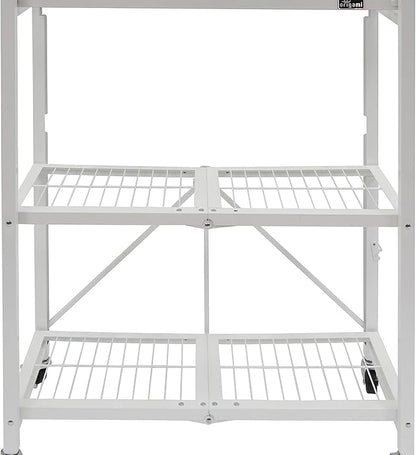 Origami 4-Pack General Purpose Foldable 3-Tier Shelf Storage Rack & Wheels, R3, White
