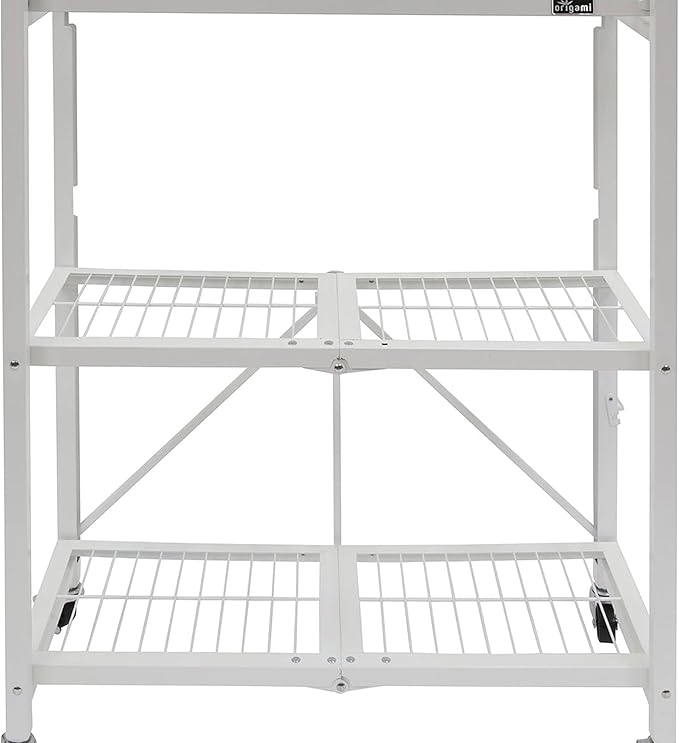 Origami 2-Pack General Purpose Foldable 3-Tier Shelf Storage Rack & Wheels, R3, White