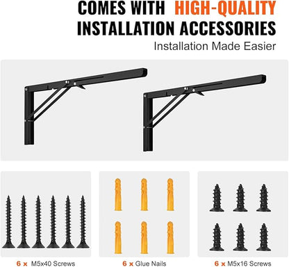 VEVOR Folding Shelf Brackets, 24" Heavy Duty Shelf Brackets, Brackets for Shelves, 5mm Thick L Shelf Bracket, Steel Shelving Brackets with 300 lbs Load Capacity, Matte Black 2 Pcs