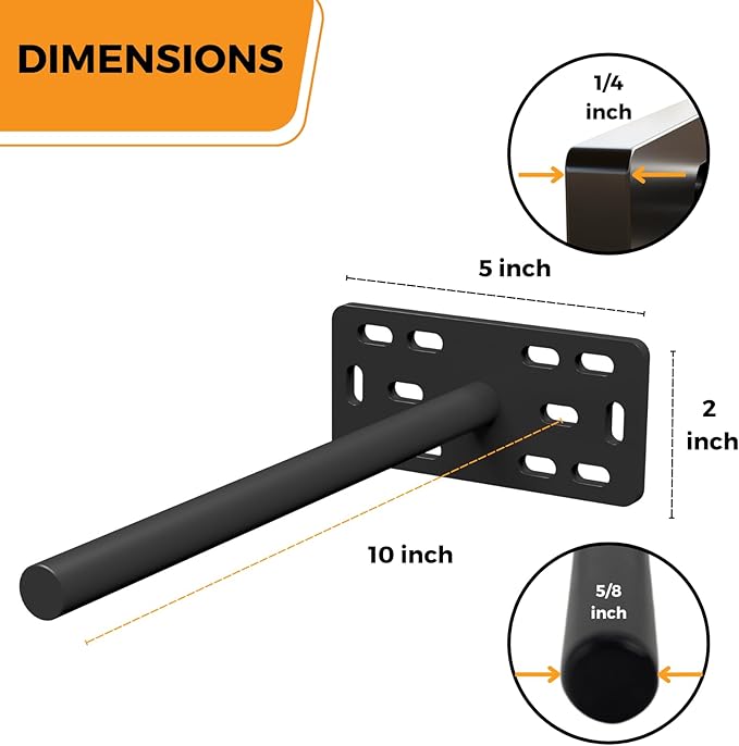 (Set of 4) 4"x5"x2" XL Heavy Duty Floating Shelf Brackets for DIY Shelf- Premium Floating Shelves Hardware for Wall Mounting - Ideal Shelf Bracket for Enhanced Home Decor (10 inch Rod) BLACK