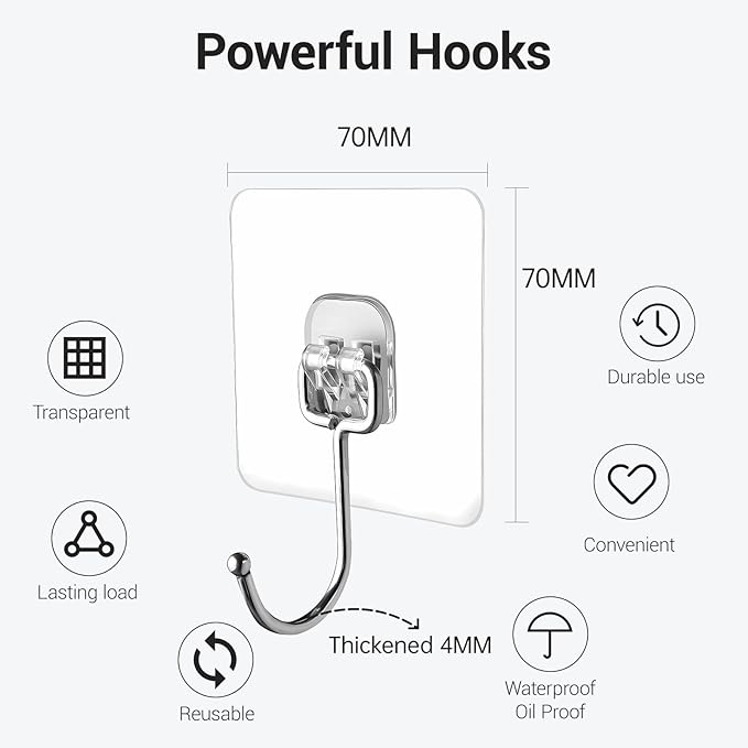 Large Adhesive Hooks, 18-Pack Hold 44lb(Max) Heavy Duty Sticky Hooks,Waterproof & Rustproof Wall Hook for Hanging Can be Use Kitchen Bathroom Outdoor Ceiling Office, Transparent