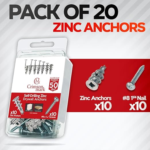 20Pcs Zinc Self Drilling Drywall Anchors and Screws kit #8 x 1-1/4”- Metal Wall Anchors for Drywall Heavy Duty, Holds Upto 50lbs – No Drill Hole Required with Dry Wall Screws and Anchors