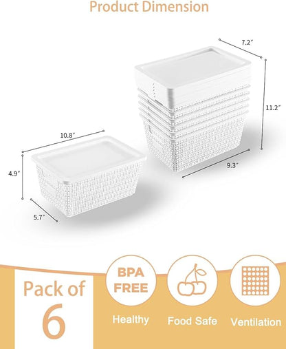 Plastic Storage Baskets with Lids [6-Pack] – Stackable Organizing Bins with Secure Snap-On Lids for Pantry, Bathroom & Closet | 11"x7"x5" Bins Hold 25lbs, Dustproof & Water-Resistant, White
