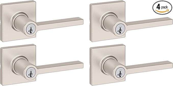 Kwikset Casey Entry Door Handle with Lock and Key, Secure Keyed Reversible Lever Exterior, for Front Entrance and Bedrooms, Satin Nickel, 4 Pack, Pick Resistant SmartKey Rekey Security and Microban