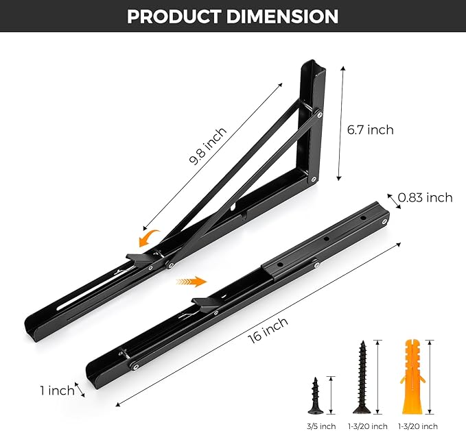 JOY DECOR 16 Inch Heavy Duty Folding Shelf Brackets, 2 Pack (1 Pair) Collapsible Wall Mounted Brackets for Fold Down Table, Stainless Steel Folding Table Hinge, Matte Black