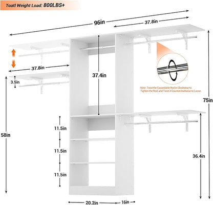 Armocity 96'' Closet System, 8FT Walk In Closet Organizer with 3 Shelving Towers, Heavy Duty Bedroom Wardrobe with 5 Shelves, Wall Mounted Clothes Rack (Can Be Cut To Fit), 96"L x 16"W x 75"H, White