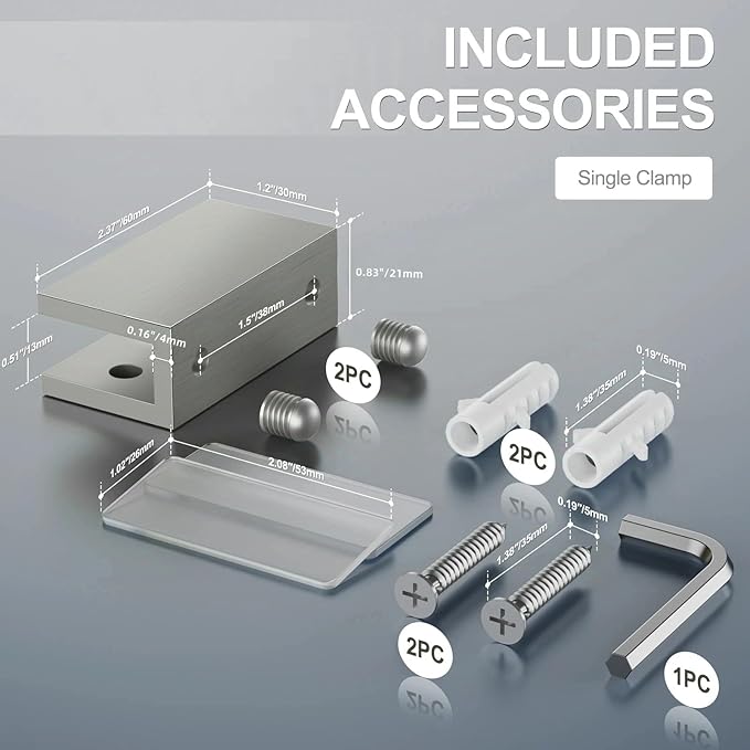 Ranbo 2 Pcs Solid Brass Glass Shelf Brackets, Heavy Duty 4mm Thick Design，for 1/4" to 1/2" Frameless Glass Panels, Wall Mount Support Clips for Shower and Shelves, Brushed Silver
