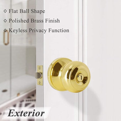 Probrico Polished Brass Privacy Door Knobs,Interior Door Knob for Bedroom and Bathroom Keyless Door Locksets, 3 Pack