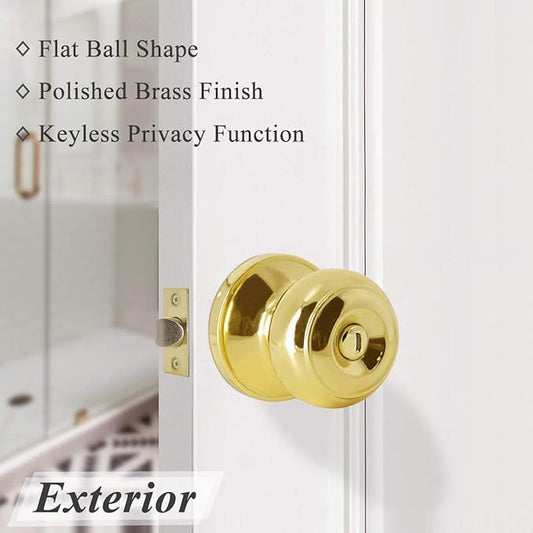 Probrico Polished Brass Privacy Door Knobs,Interior Door Knob for Bedroom and Bathroom Keyless Door Locksets, 3 Pack