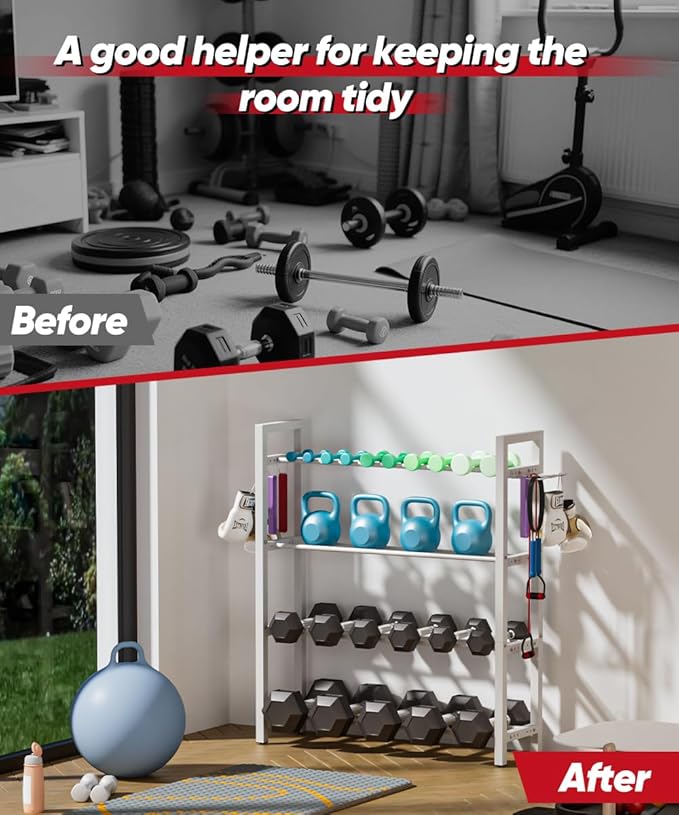 Adjustable Dumbbell Rack, Weight Storage Stand Holder for Dumbbells & Kettlebells, Heavy-Duty Metal Home Gym Workout Organizer with Hook for Gym Equipment Accessories (Rack Only)