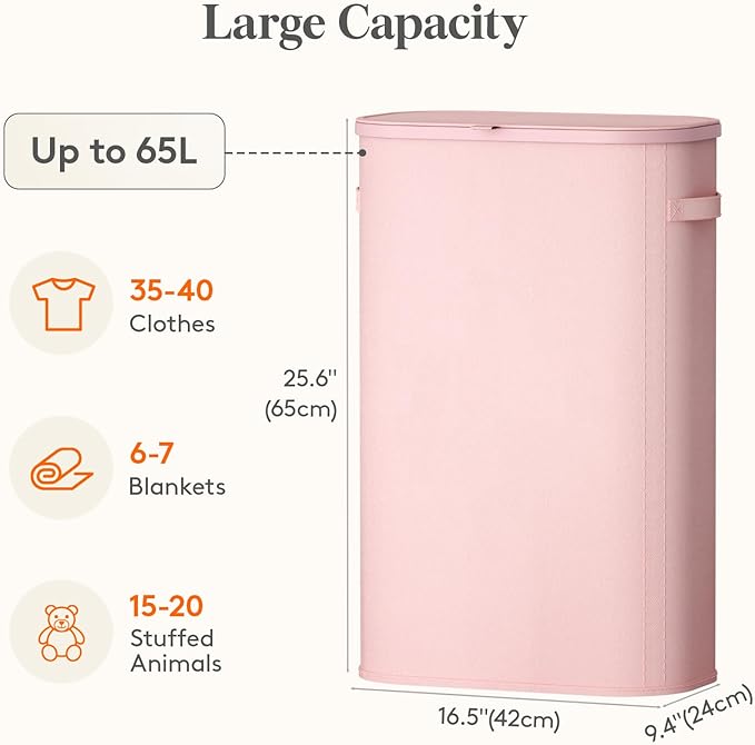 Lifewit 65L Slim Laundry Basket with Lid, Narrow Large Laundry Hamper with Plastic Handles and Removable Bag, Tall Foldable Dirty Clothes Hampers for Laundry Room, Bedroom, Bathroom, Dorm, Pink