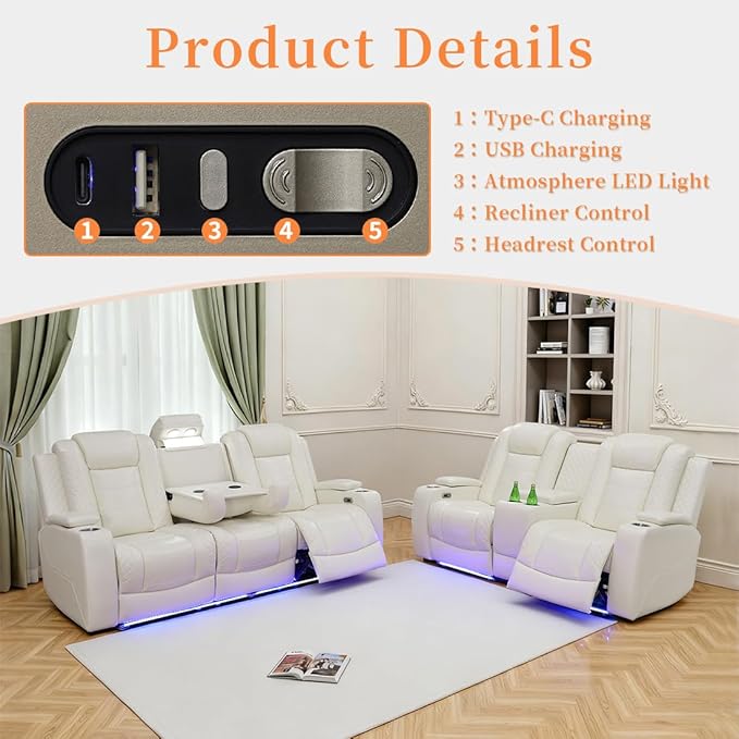 Living Room Furniture Sets with LED, Power Reclining Couch Set for Living Room, Include 1 Loveseat, 3 Seat Sofa, Modern Creamy White Leather Recliner Sofa Furniture Set for Home and Office