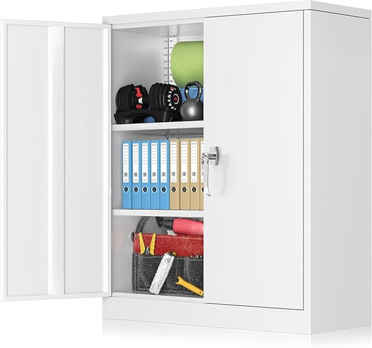 Bonusall Metal Garage Storage Cabinet, 36" H Locking Cabinets with 2 Adjustable Shelves,2 Door Small Pantry Storage for Home Office, Kitchen, Bathroom(White)