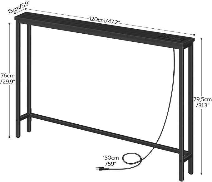 HOOBRO 47.2" Skinny Console Table with Power Outlets, 5.9" Behind Couch Table with Charging Station, Narrow Sofa Table, Long and Thin Table for Entryway, Living Room, Black BB15XG01G1