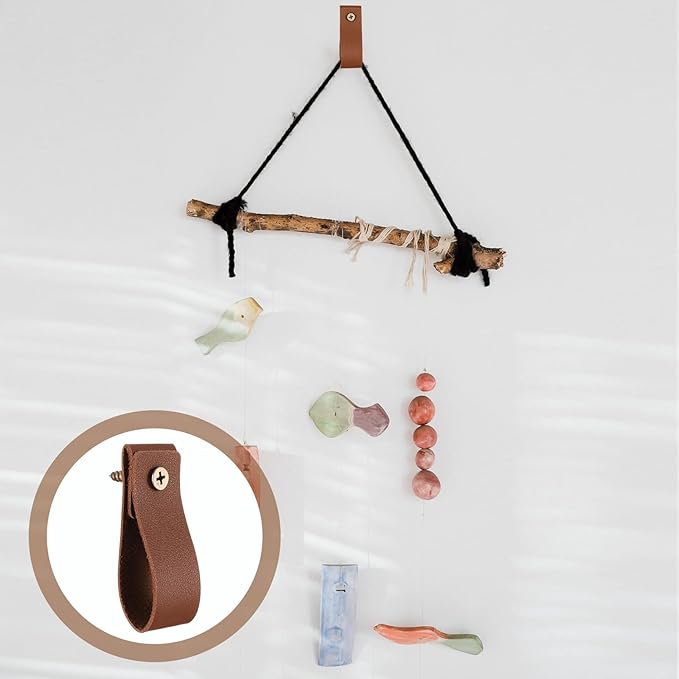 6 Pcs PU Leather Wall Hooks Curtain Rod Hanging Straps Towel Holder Hanger Cabinet Handle Loop Storage Supplies Boho Style Decor for Bathroom Kitchen Bedroom