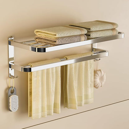DDS-DUDES 23 Inch Bathroom Towel Rack Towel Shelf with Double Towel Bars Lavatory Wall Mount Holder with Hooks Stainless Steel Hotel Bath Rack